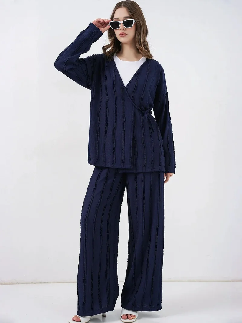 BIG DART BDART Textured V-Neck Tie Detail Kimono & Wide Leg Pants Set